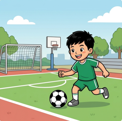 A boy playing football on a school pitch