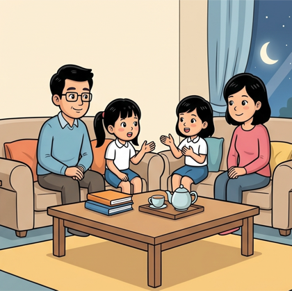 A girl talking with her parents and sister at home in the evening