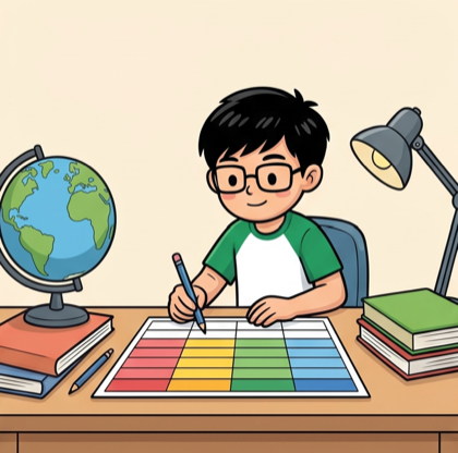 A boy filling in a colourful timetable at his desk