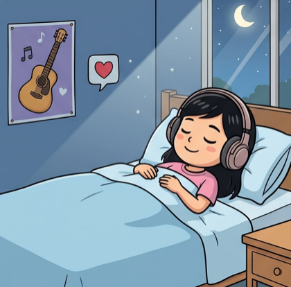 A girl resting in bed listening to music through headphones