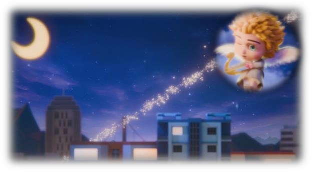 A night scene: an angel in the top right shoots a trail of light across the sky over the city