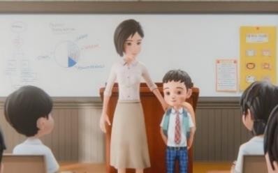 A scene from the video: the new boy standing beside the teacher in the classroom