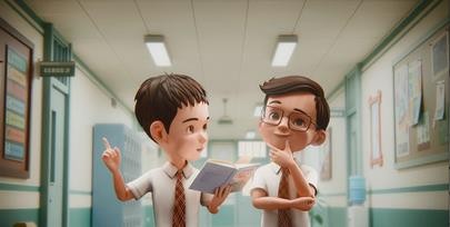 Leon talking with a classmate in the corridor