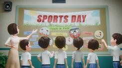 Leon and classmates in front of the Sports Day board
